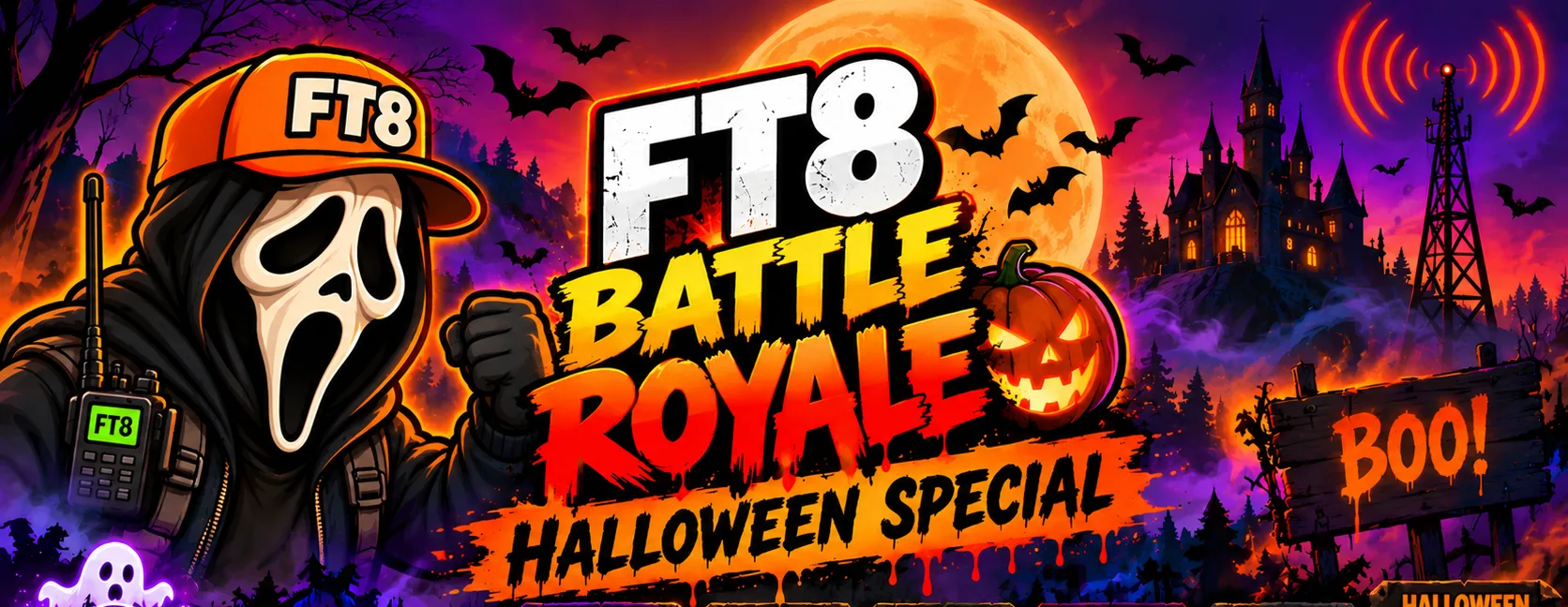 FT8 Battle Royale Halloween Special poster: a ghost operator with an FT8 radio, a haunted castle, a radio tower, bats and a full moon